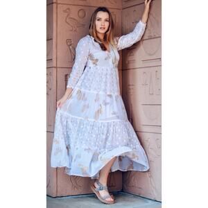 Dolma Pamo mint and gold floral tiered maxi dress Medium  Ethereal Fairy Cottage